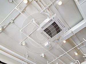 White Industrial air conditioner cooling pipe with plumbing at ceiling. Ventilation system ceiling air duct photo