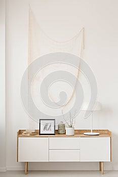 White industrial lamp, photo in frame and plant in pot on wooden console table in elegant living room with white wall