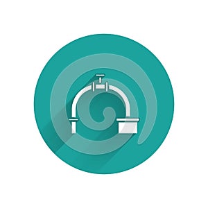 White Industry metallic pipe and valve icon isolated with long shadow. Green circle button. Vector