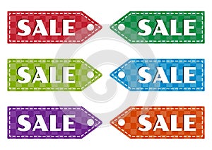 White inscriptions SALE. Colorful set of price tag icon with squared pattern. Vector illustration