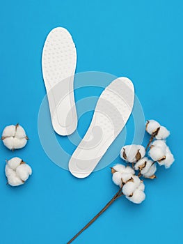 White insoles and a sprig of cotton on a light blue background