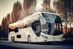 White Intercity bus rides on highway.