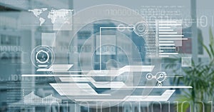 White interface against blurry office