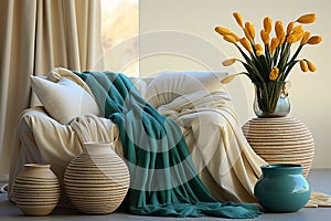 White interior, couch emerald green blanket vases