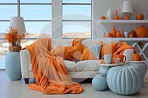 White interior, couch with light blue and orange blanket, pillows and vases