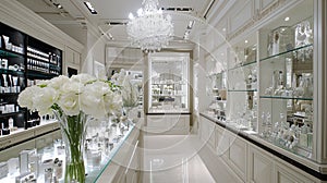 white interior of a perfumery and cosmetics store of exclusive brands