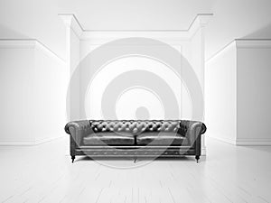 White interior with sofa and banner