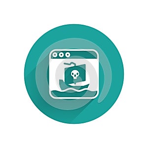 White Internet piracy icon isolated with long shadow. Online piracy. Cyberspace crime with file download and movies