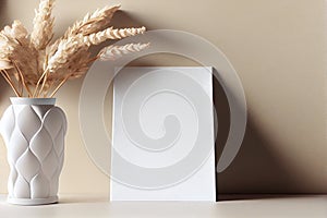 White invitation card mockup with a lagurus on a beige table. AI Generated