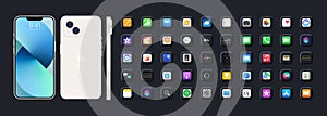 White Iphone 15. Apple mockup. Apple interface. Apple apps. Apple logo button. Calendar, notes, history, main menu. IOS call