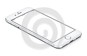 White iphone smartphone mockup CCW rotated lies on the surface.