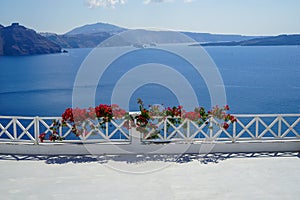White island balcony with dark pink red Bougainvillea flower foreground in front of scenic mediterranean sea view and caldera