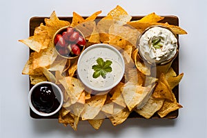 White isolated background enhances the appeal of chips and dips photo