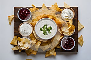 White isolated background enhances the appeal of chips and dips photo