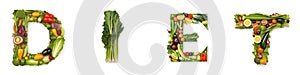 On a white isolated background from the fruit and vegetable alphabet the inscription - Diet
