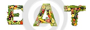 On a white isolated background from the fruit and vegetable alphabet the inscription - EAT