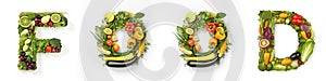 On a white isolated background from the fruit and vegetable alphabet the inscription - FOOD