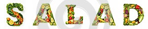 On a white isolated background from the fruit and vegetable alphabet the inscription - salad