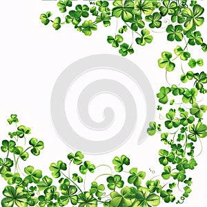 White isolated background with space for your own content around green clovers, illustration. Green four-leaf clover symbol