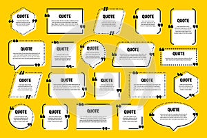 White isolated quote frames. Speech bubbles with quotation marks. Blank text box and quotes. Blog post template. Vector