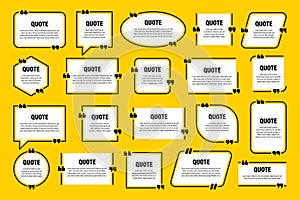 White isolated quote frames. Speech bubbles with quotation marks. Blank text box and quotes. Blog post template. Vector