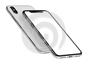 White isometric smartphones similar to iPhone X mockup front and back sides one above the other