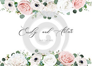 White ivory & blush peach stylish wedding invite, invitation, save the date card design template. Peony rose flowers, tender