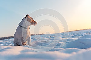 White jack russel terrier puppy on snowy field