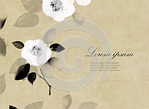 White japanese camelia flowers on neutral beige background with place for your text. Traditional Japanese ink wash photo