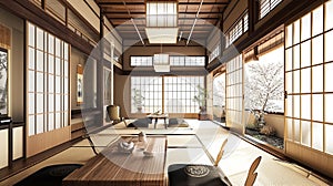 white Japanese style room interior design oriental. Nihon room design interior. AI Generative photo