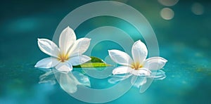 White jasmine blossoms float on blue water, sun dappled , delicate, summer, image