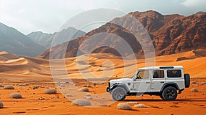 A white jeep with black tires is parked in a desert under the blue sky