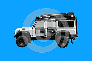 White jeep on a blue background, isolate. Ways concept, Safari Jeep