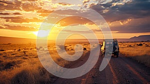 A white jeep is driving down a dirt road in a desert