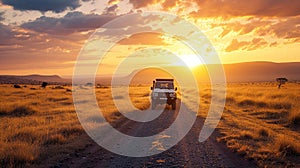 A white jeep is driving down a dirt road in a desert