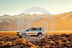 A white jeep stands alone in the vast and barren desert, parked in the golden sand under the bright sun