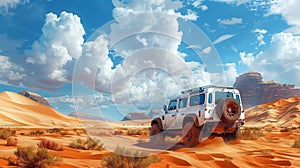 A white jeep travels along a dusty desert road under a clear sky