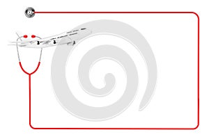 White Jet Passengers Airplane with Doctor`s Stethoscope in Red as Frame with Blank Space for Your Design. 3d Rendering