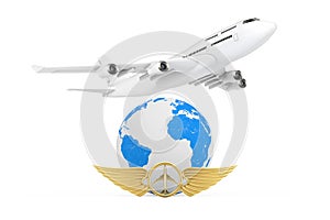 White Jet Passengers Airplane over Earth Globe and Golden Pilot Wing Emblem, Badge or Logo Symbol. 3d Rendering