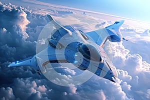 A white jet plane flies swiftly through a cloudy blue sky, leaving a trail of vapor in its wake, A futuristic fighter aircraft