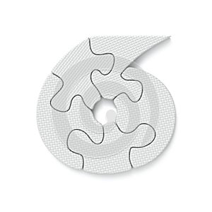 White jigsaw puzzle font Number 6 SIX 3D