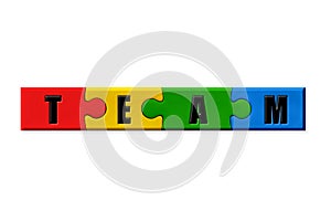 Colorful jigsaw pieces connected to form the word TEAM. Concept image to communicate teamworking or union value in a group of peop photo