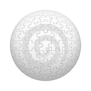 White jigsaw puzzle pieces pattern texture on ball or sphere shape isolated on white background. Mock up design. 3d abstract