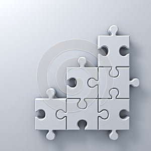 White jigsaw puzzle pieces on white wall background with blank space 3D render