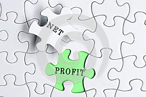 White jigsaw puzzle with word net profit over green background.