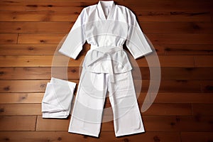 a white karate gi uniform on a wooden dojo floor