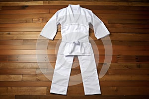 a white karate gi uniform on a wooden dojo floor