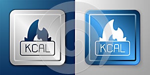 White Kcal icon isolated on isolated on blue and grey background. Health food. Silver and blue square button. Vector