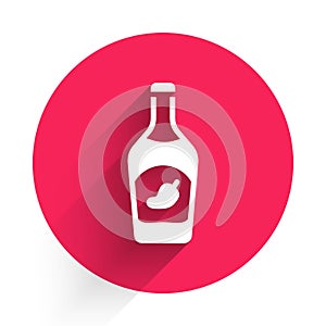 White Ketchup bottle icon isolated with long shadow. Hot chili pepper pod sign. Barbecue and BBQ grill symbol. Red circle button.