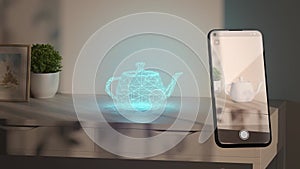 White kettle hologram stand on table phone display augmented reality